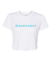 SURFGOAT Women's Flowy Crop Top Tee (White / Aqua Blue)