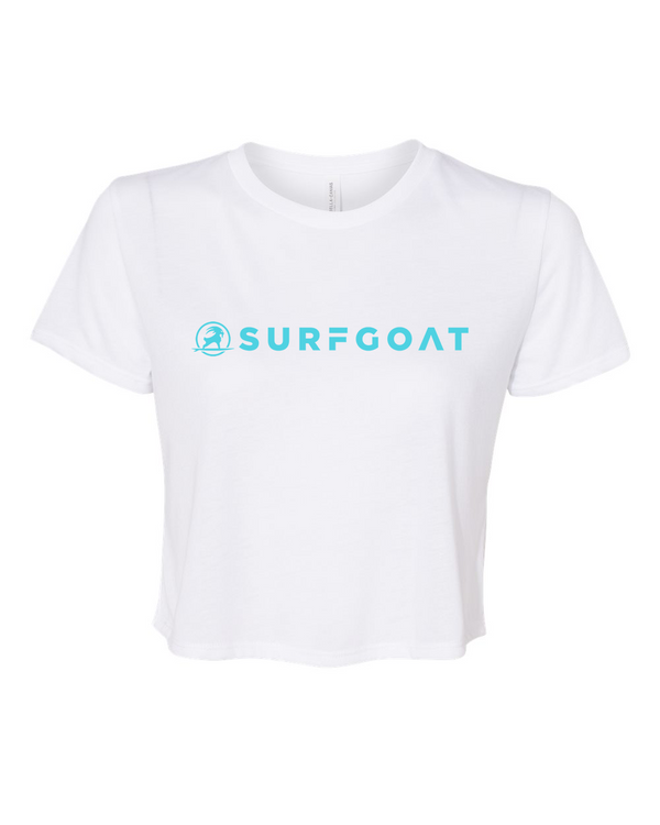SURFGOAT Women's Flowy Crop Top Tee (White / Aqua Blue)